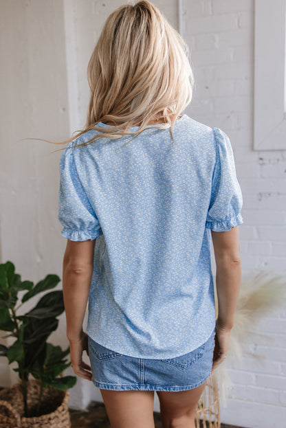 Sky Blue Floral Embroidered Puff Sleeve Notched V Neck Blouse