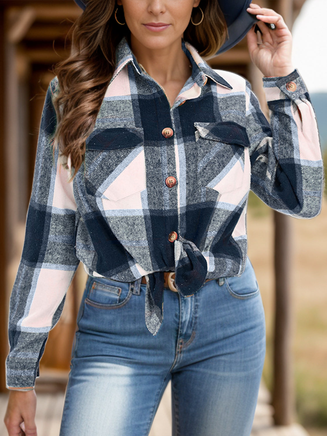 full size pocketed plaid collared neck shacket