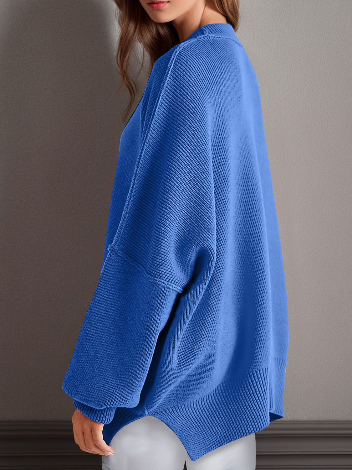 double take side slit round neck long sleeve sweater