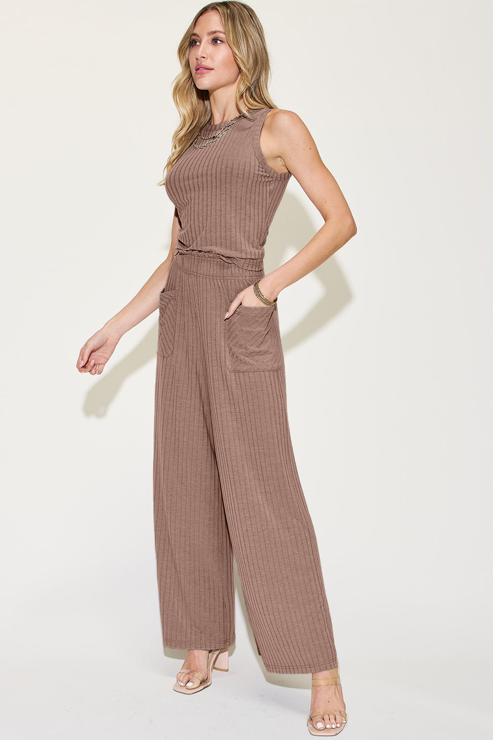 basic bae full size ribbed tank and wide leg pants set