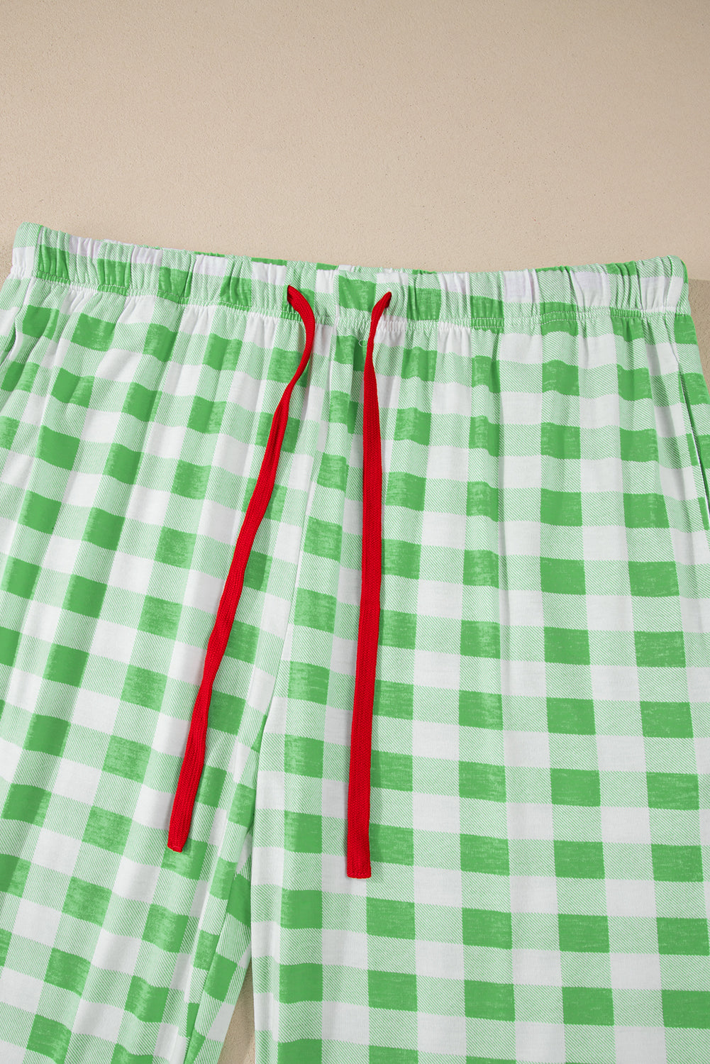 green plaid print contrast trim long sleeve plus size pajama set