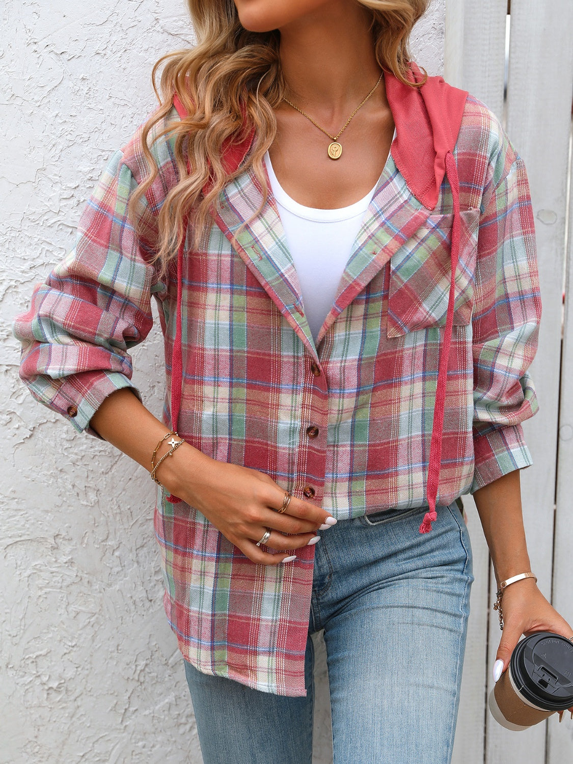 plaid long sleeve hooded jacket
