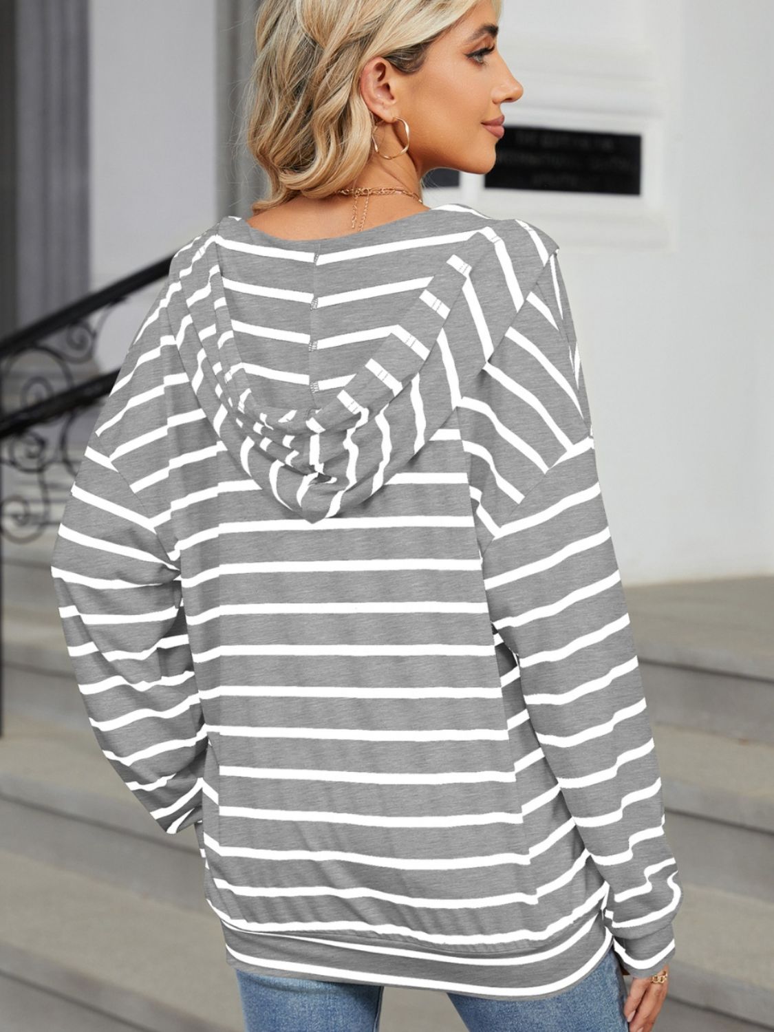 drawstring striped long sleeve hoodie