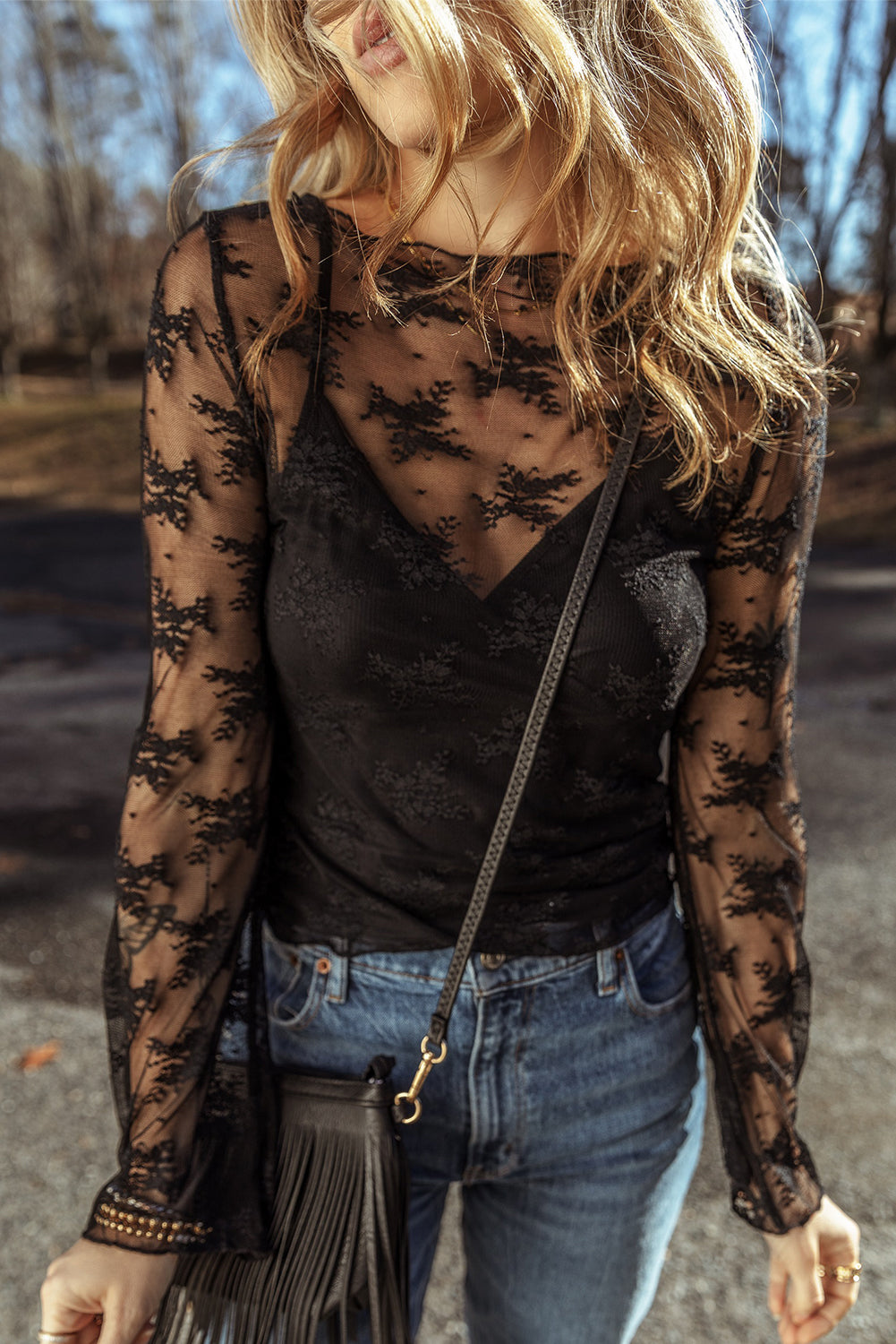 black lace mesh crochet splicing slim fit long sleeve blouse
