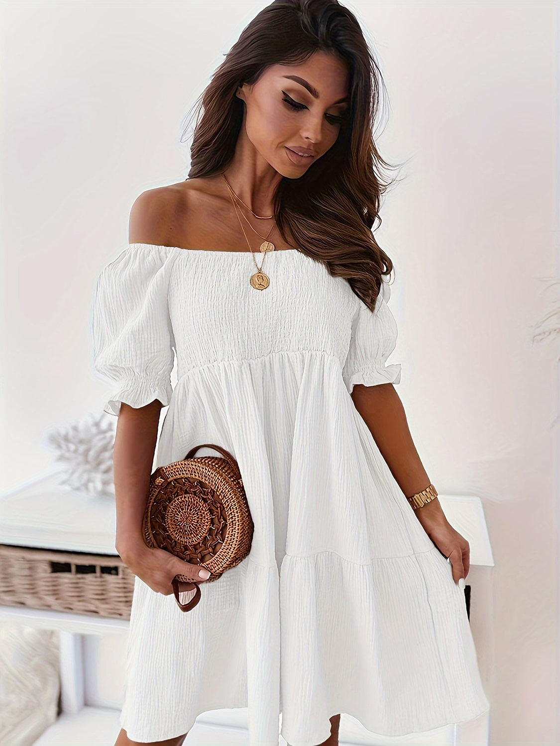 full size ruffled off-shoulder short sleeve dress