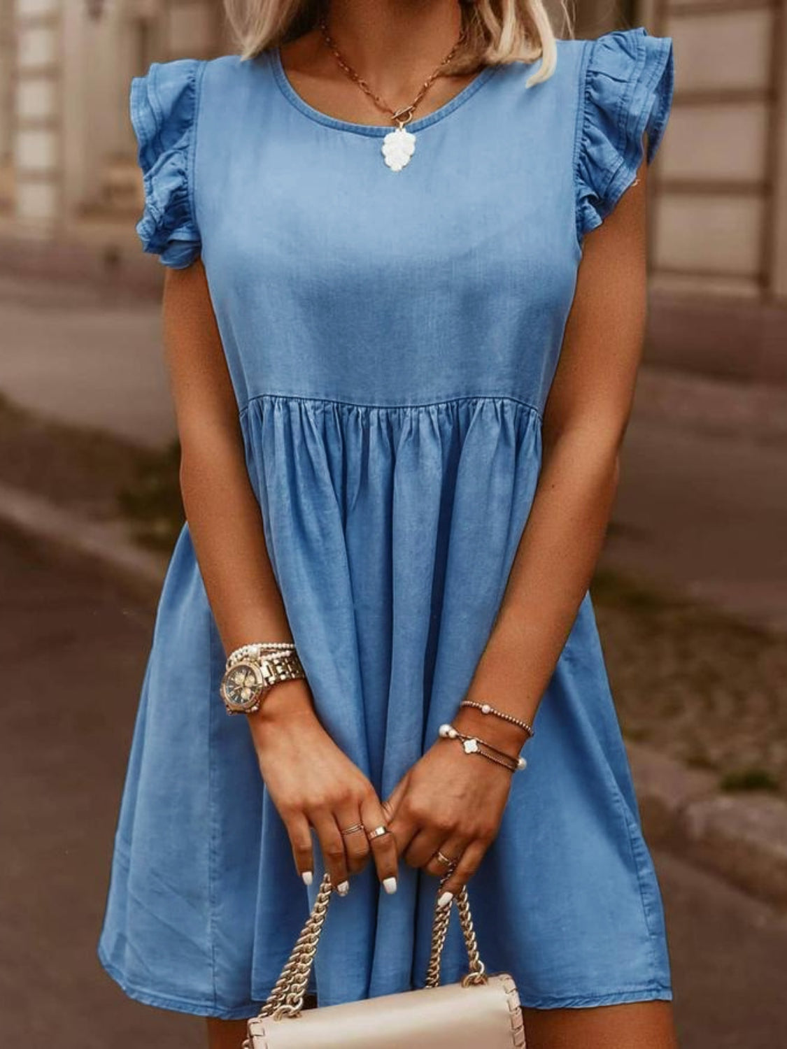 full size ruffled round neck cap sleeve denim dress