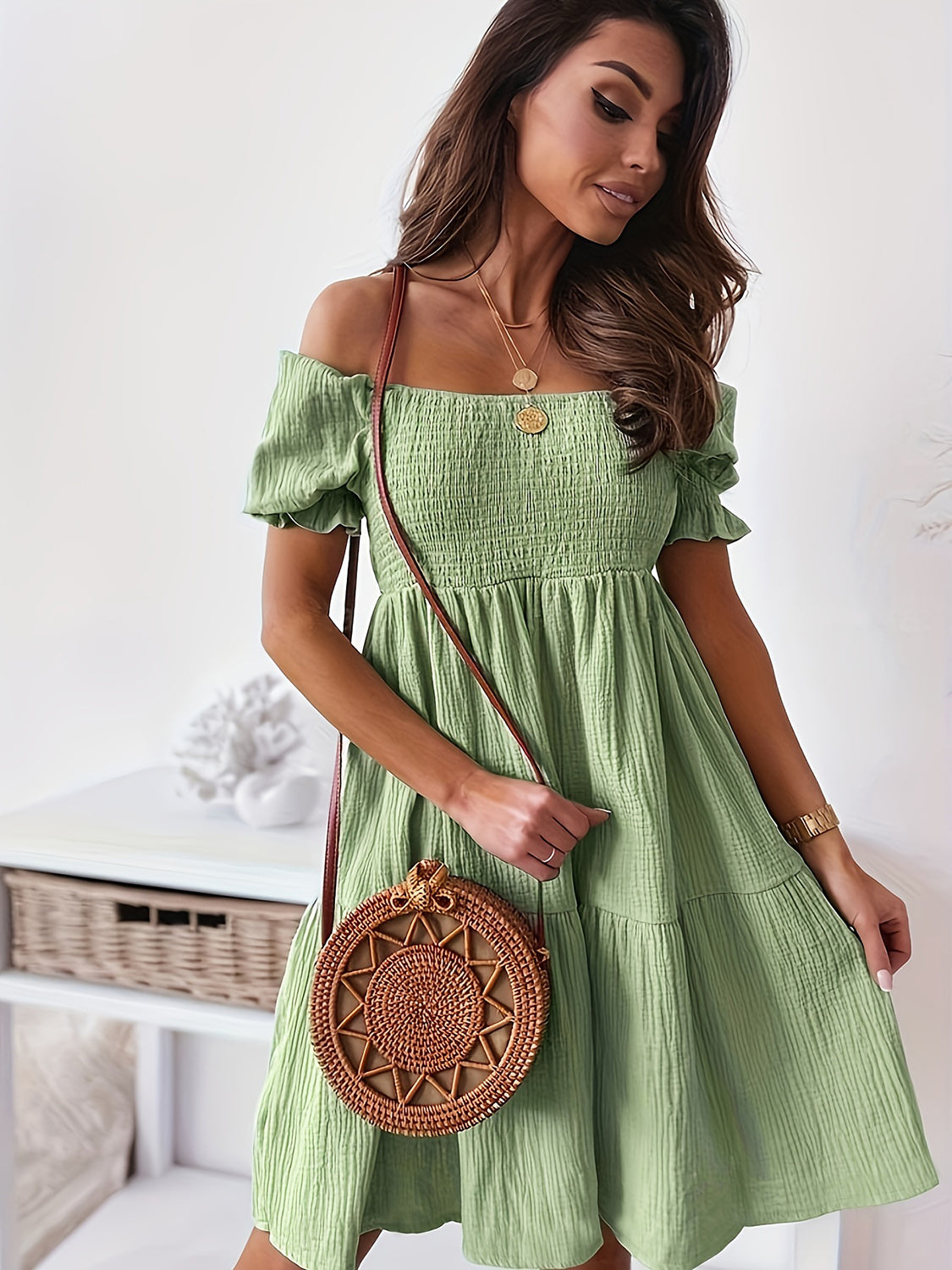 full size ruffled off-shoulder short sleeve dress