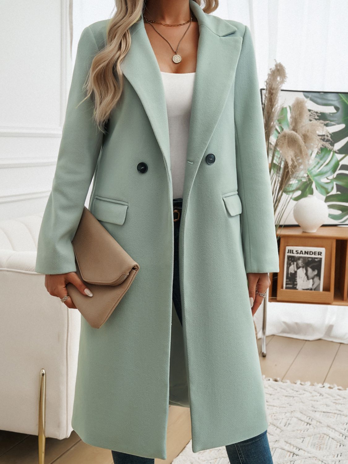 pocketed collared neck long sleeve coat