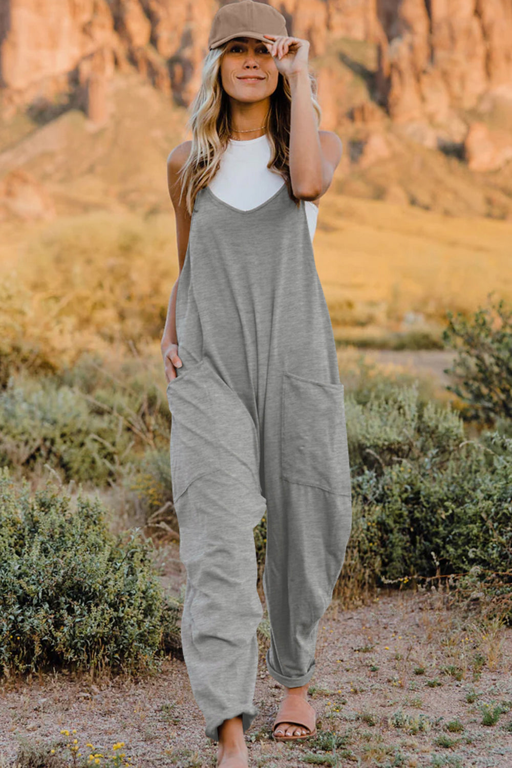 double take full size v-neck sleeveless jumpsuit with pockets