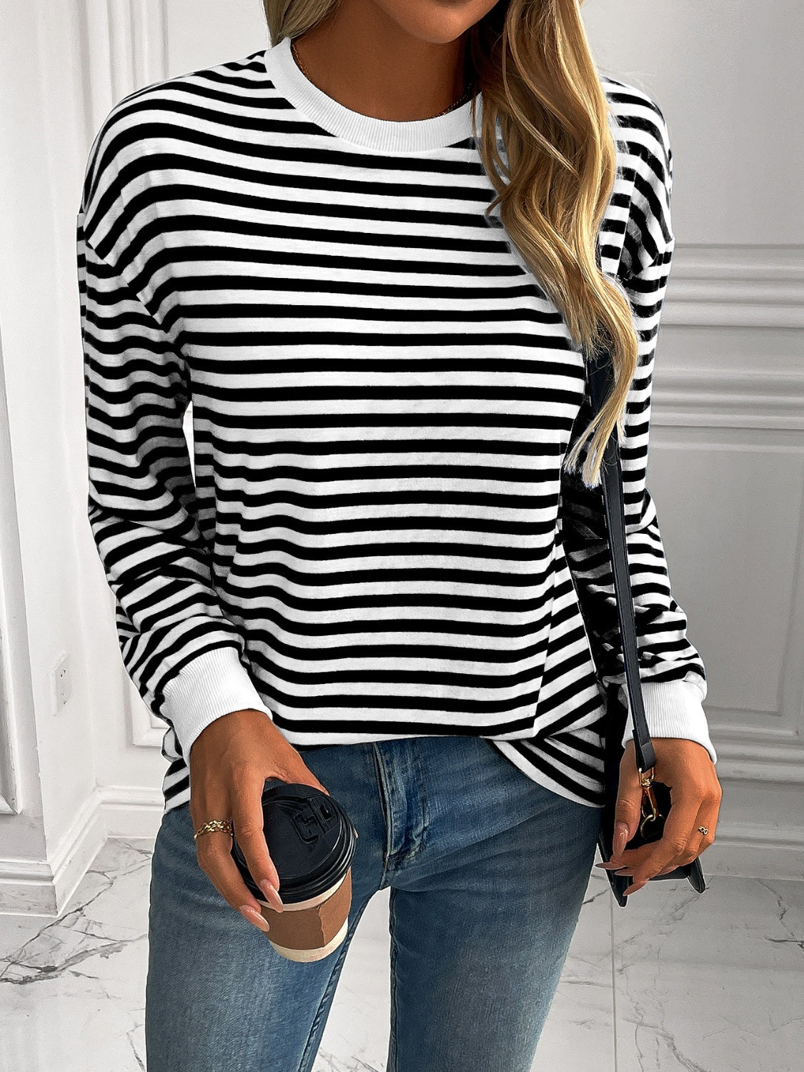 ivy lane striped round neck long sleeve sweatshirt