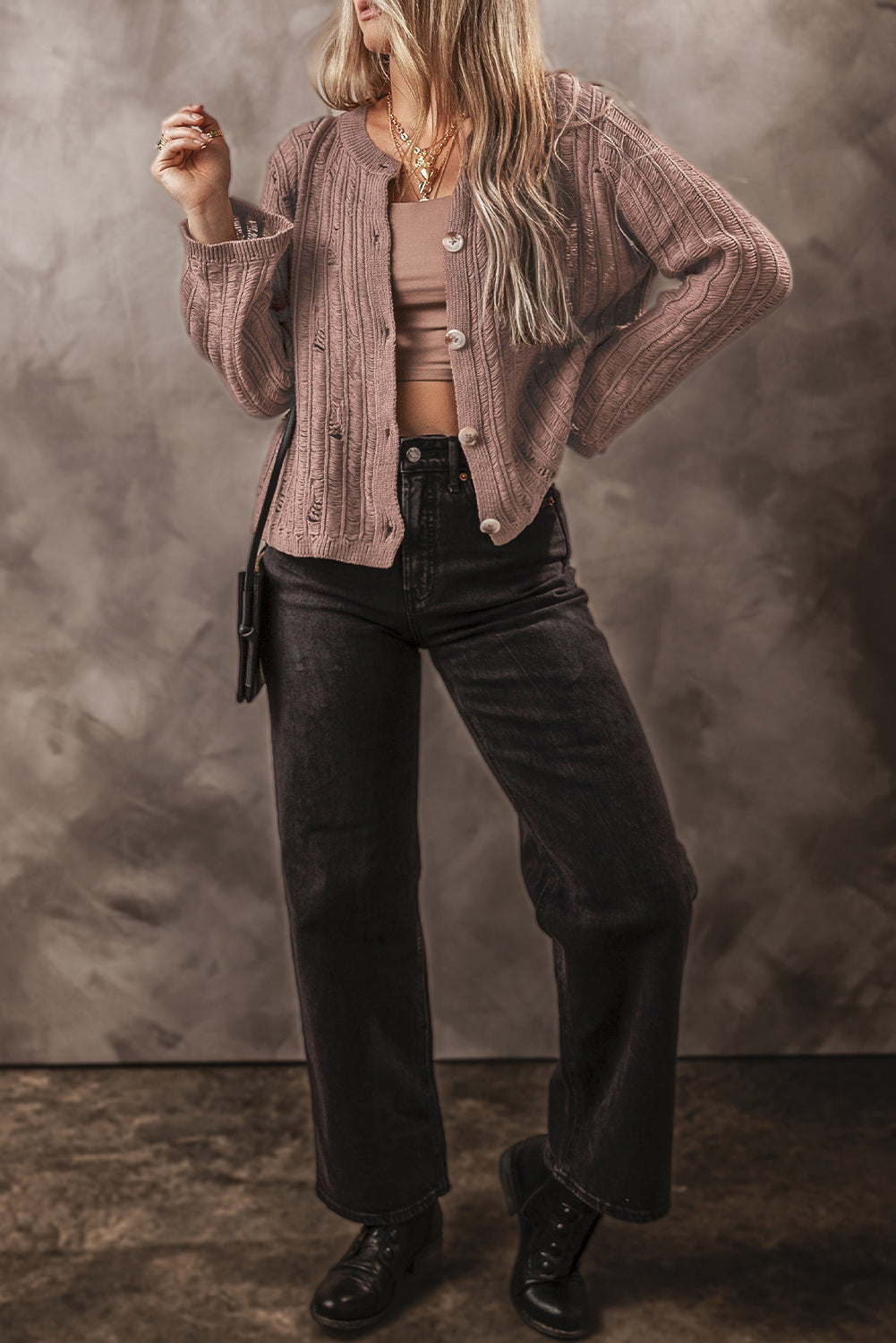goat cut out textured knit buttoned cardigan