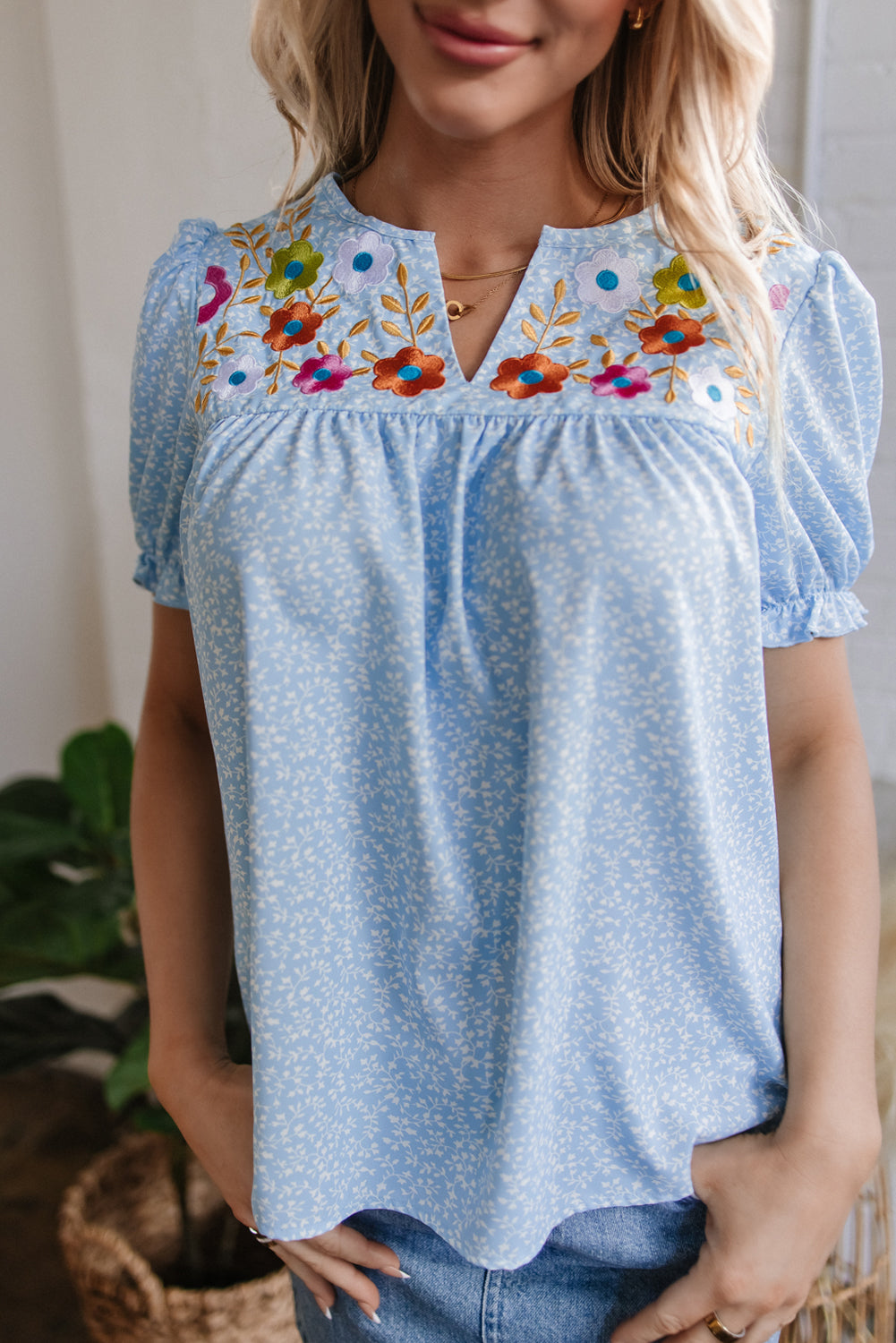 sky blue floral embroidered puff sleeve notched v neck blouse
