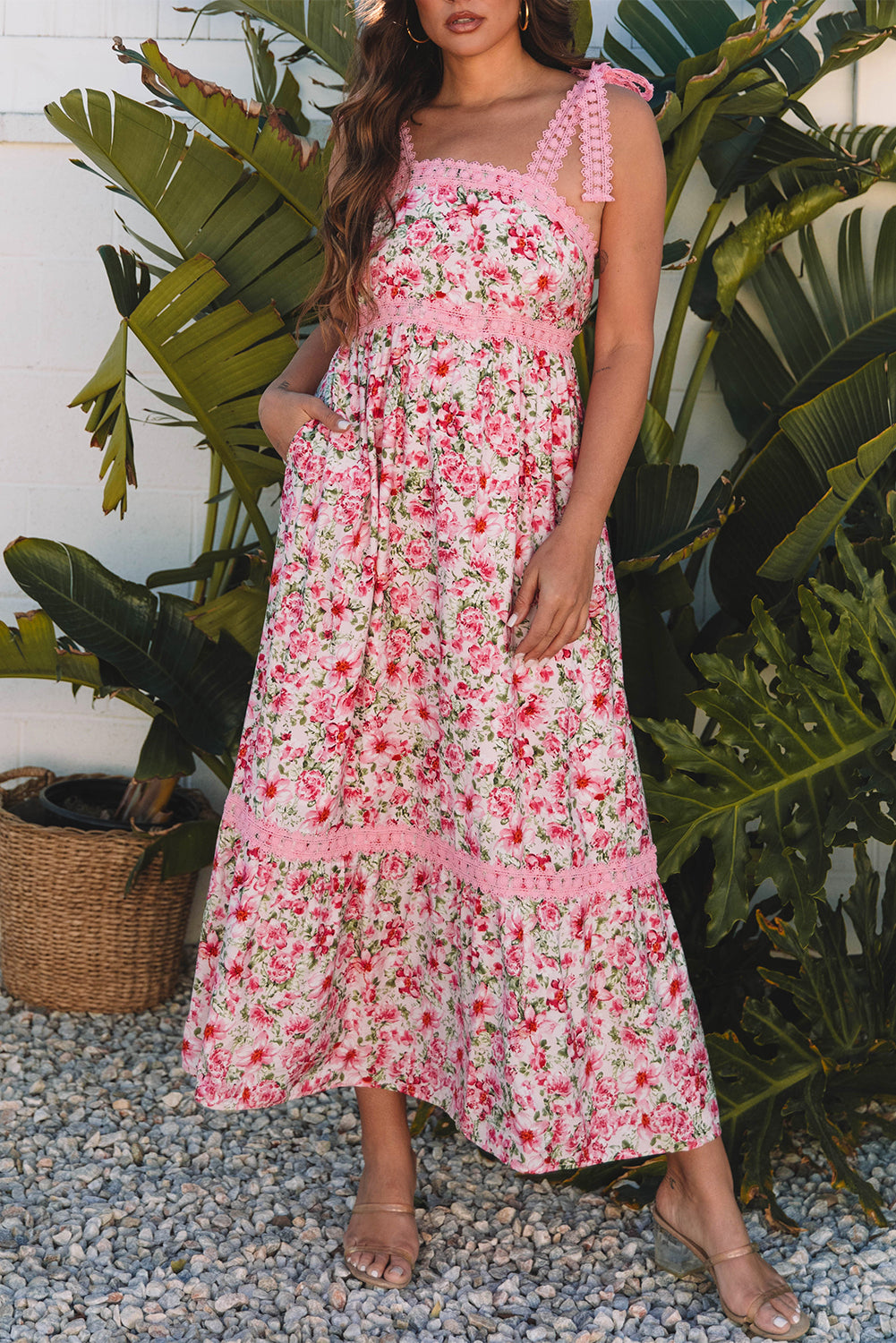pink floral lace tied strap empire waist maxi dress