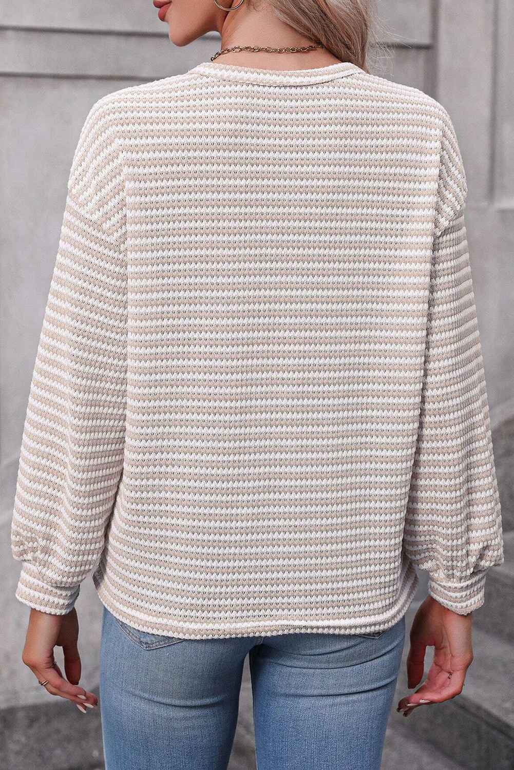 khaki stripe round neck drop shoulder long sleeve top