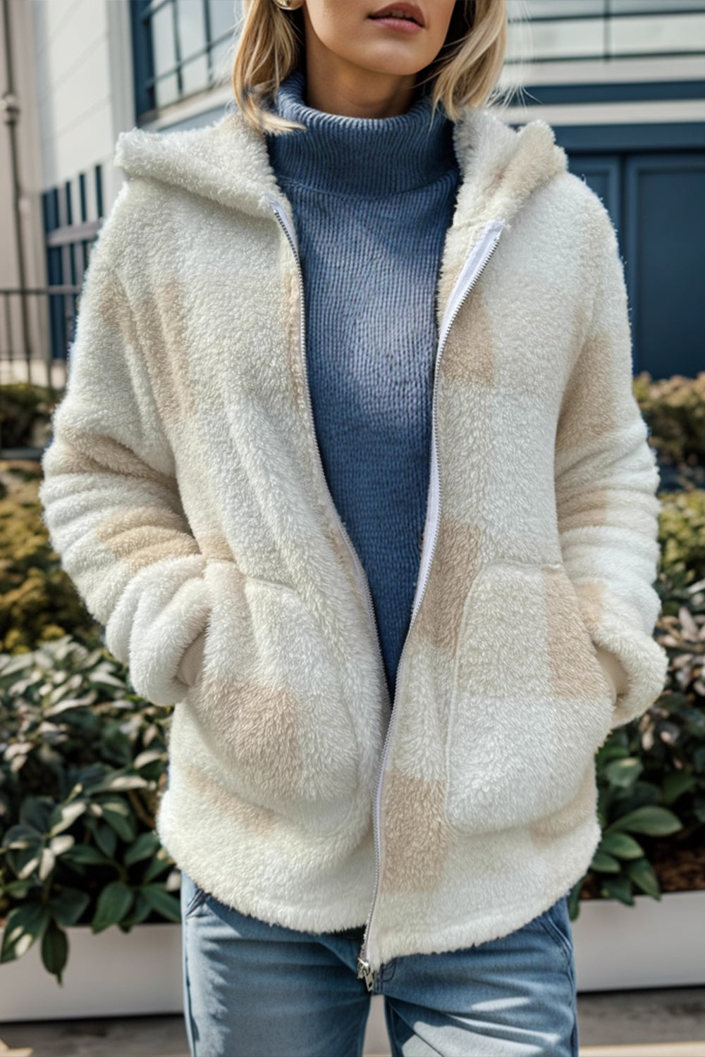 double take full size plaid long sleeve hooded coat
