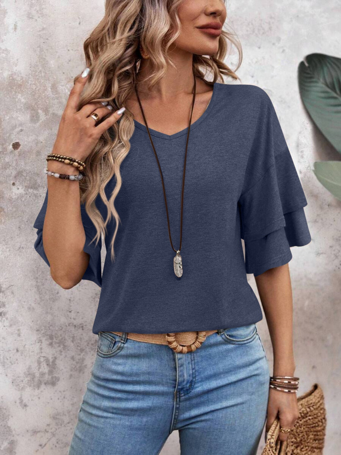 v-neck half sleeve blouse
