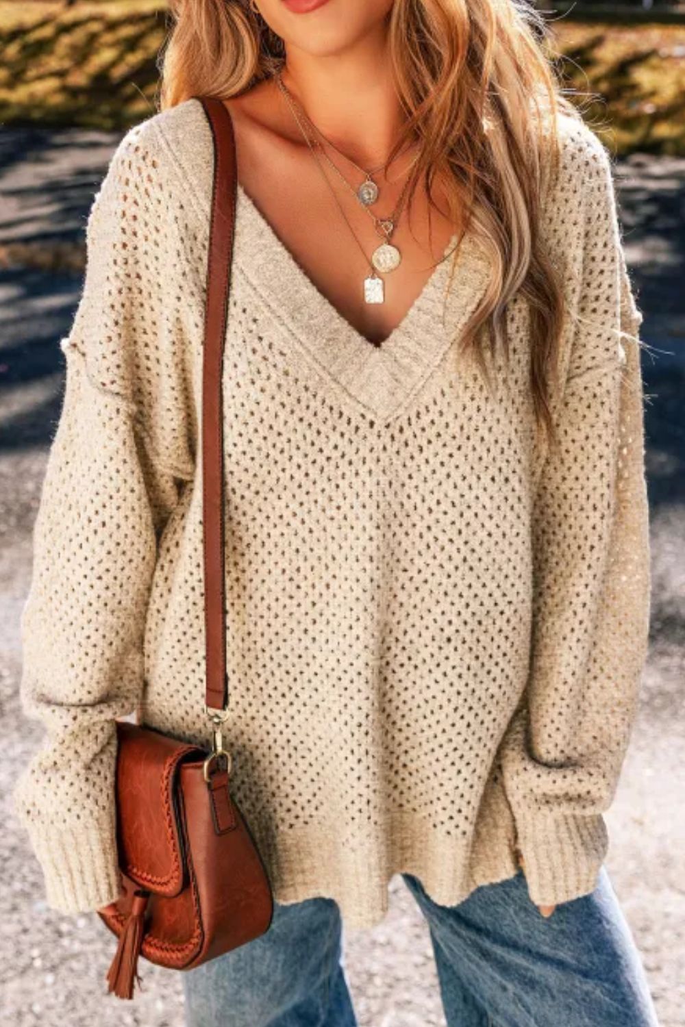 v-neck dropped shoulder long sleeve sweater