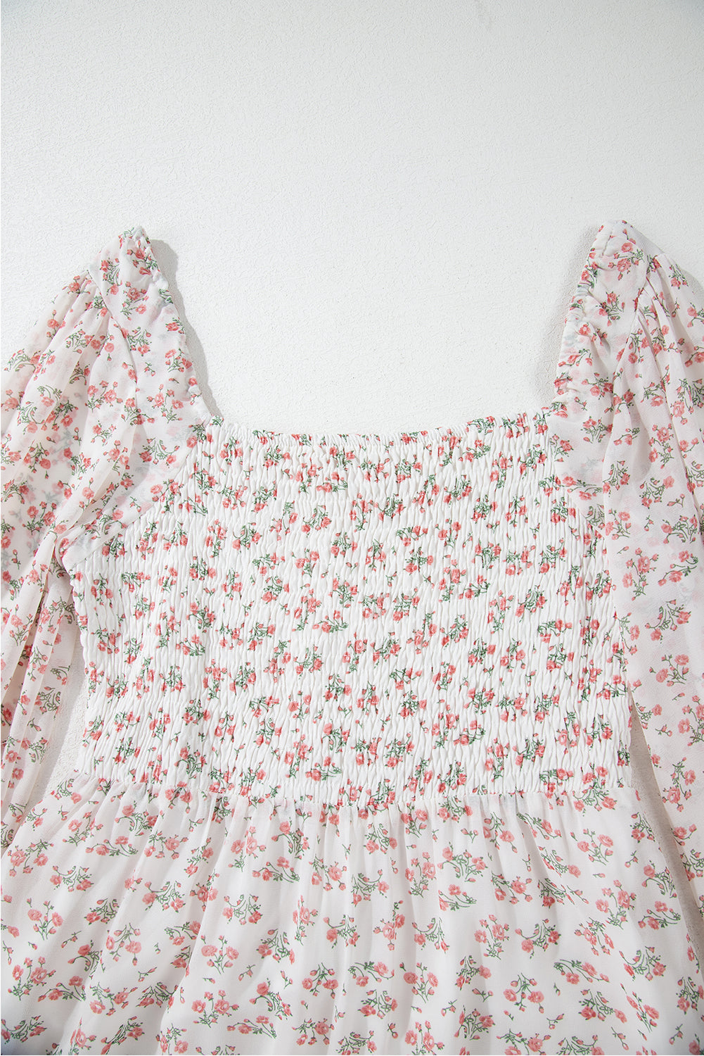 white floral print shirred ruffled hem square neck midi dress