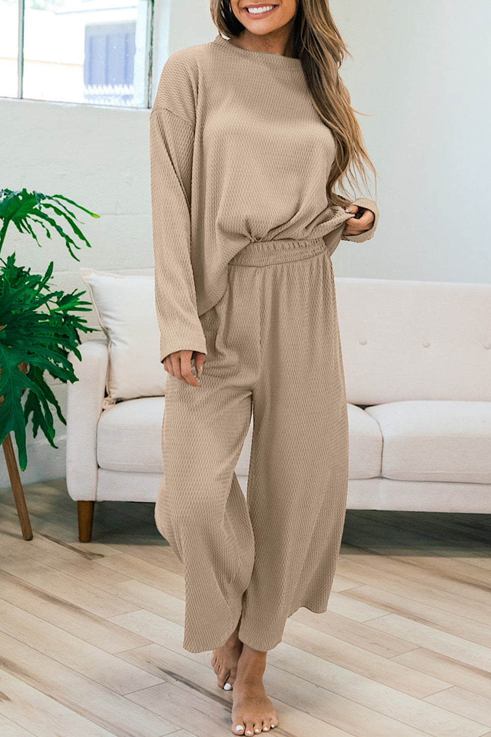 smoke gray loose textured pullover and pants outfit