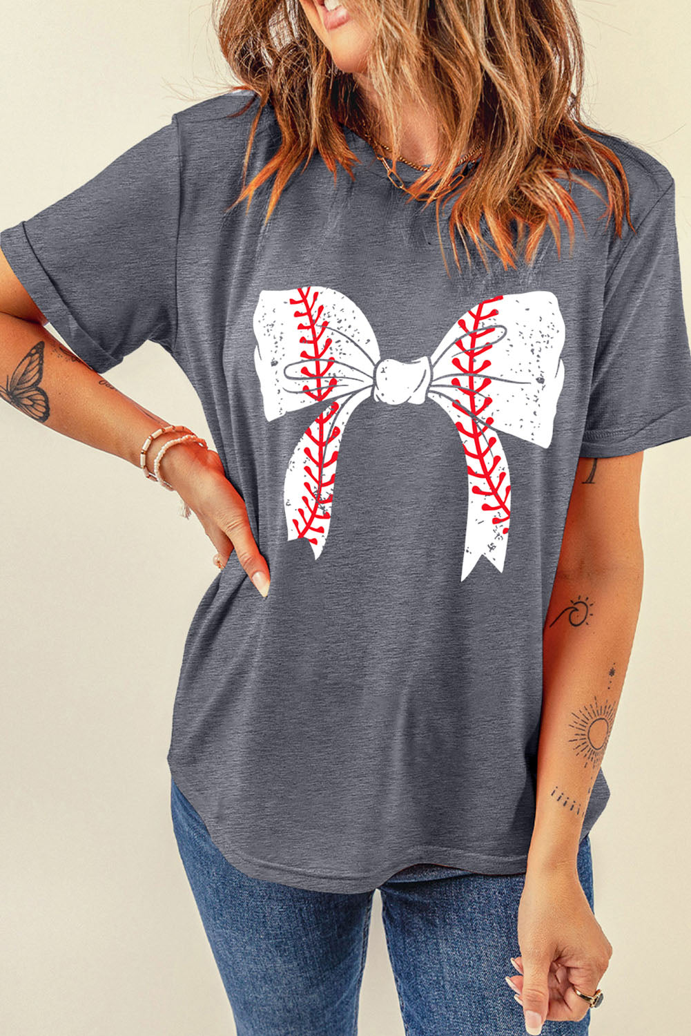 gray baseball bowknot graphic casual tee