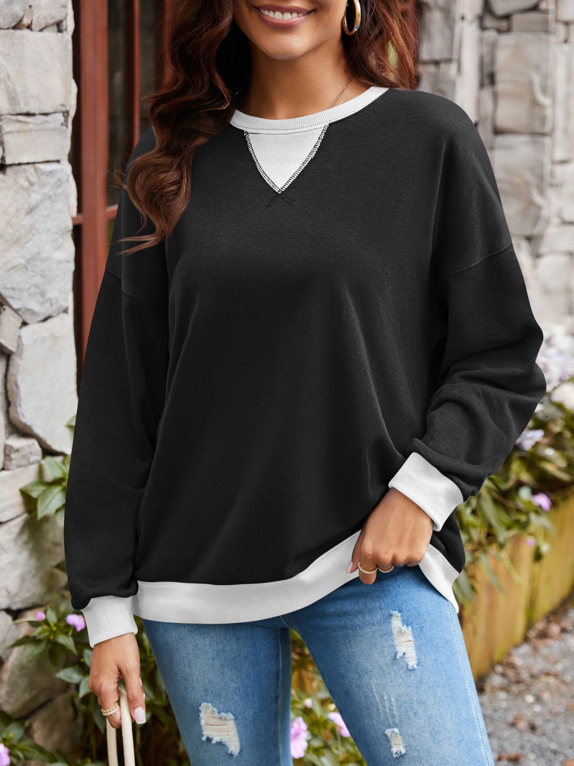 contrast round neck long sleeve sweatshirt