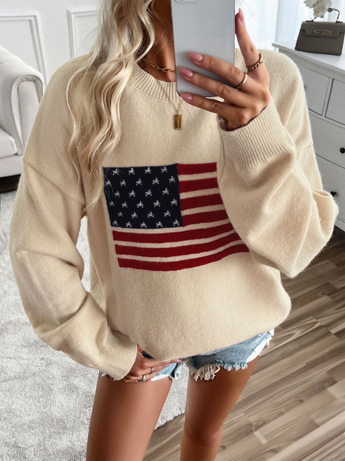 devine us flag round neck long sleeve knit top
