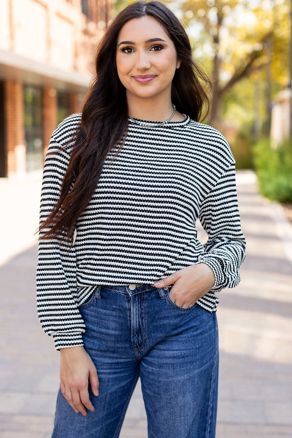 black stripe round neck drop shoulder long sleeve top