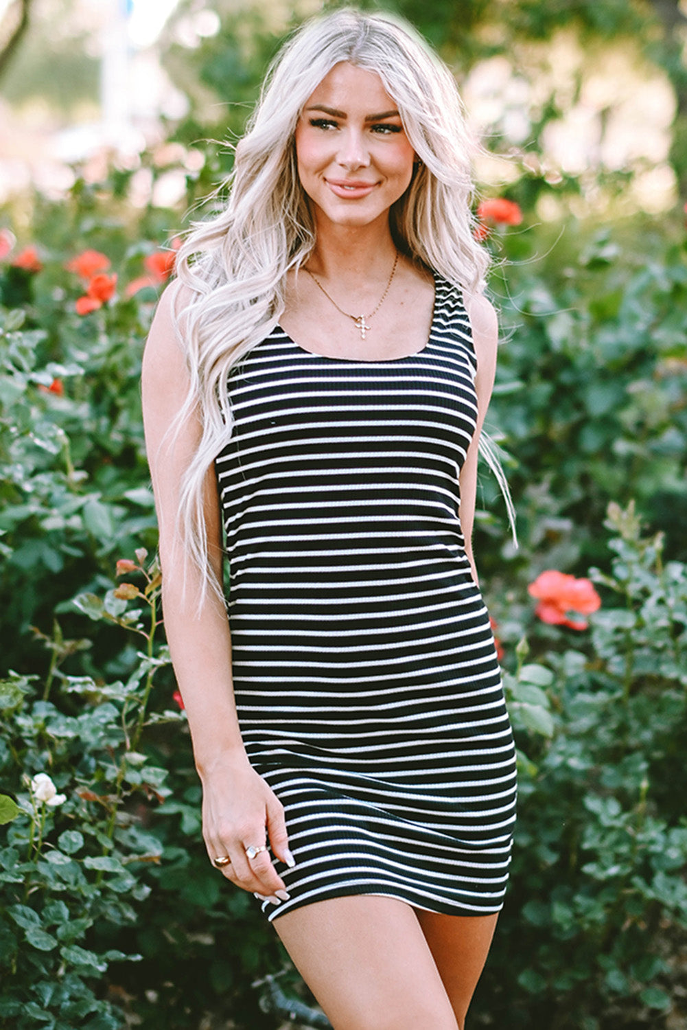 black stripe ribbed knit sleeveless mini dress