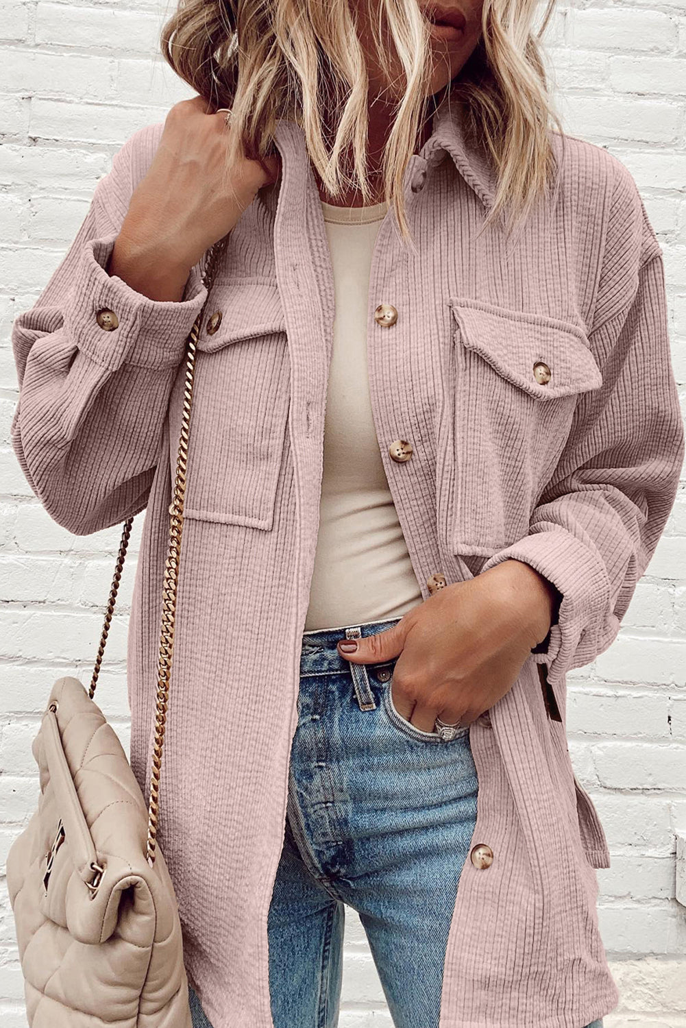 light pink corduroy flap pocket button up shacket