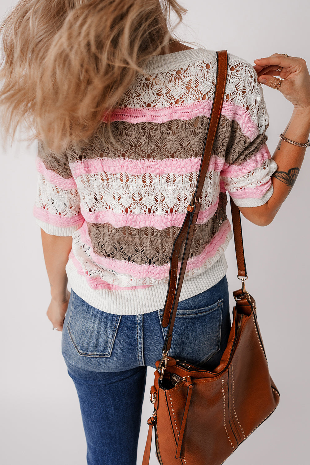 brown stripe color block hollow out crochet half sleeve sweater