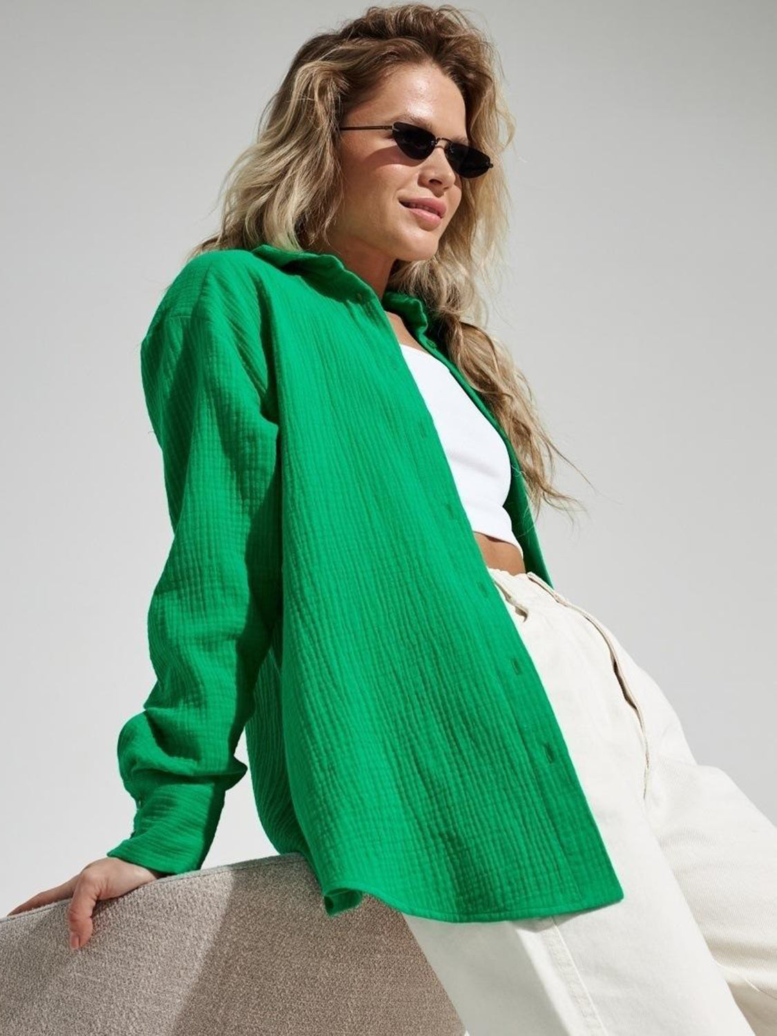 textured collared neck long sleeve shirt