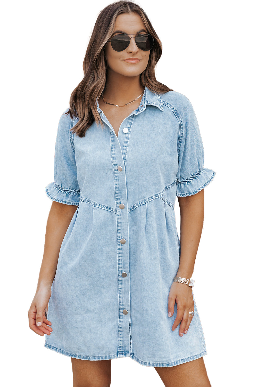 beau blue mineral wash ruffled short sleeve buttoned denim dress