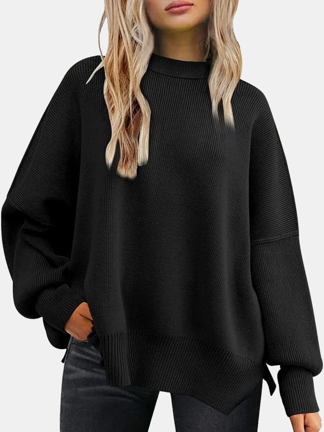 round neck drop shoulder slit sweater