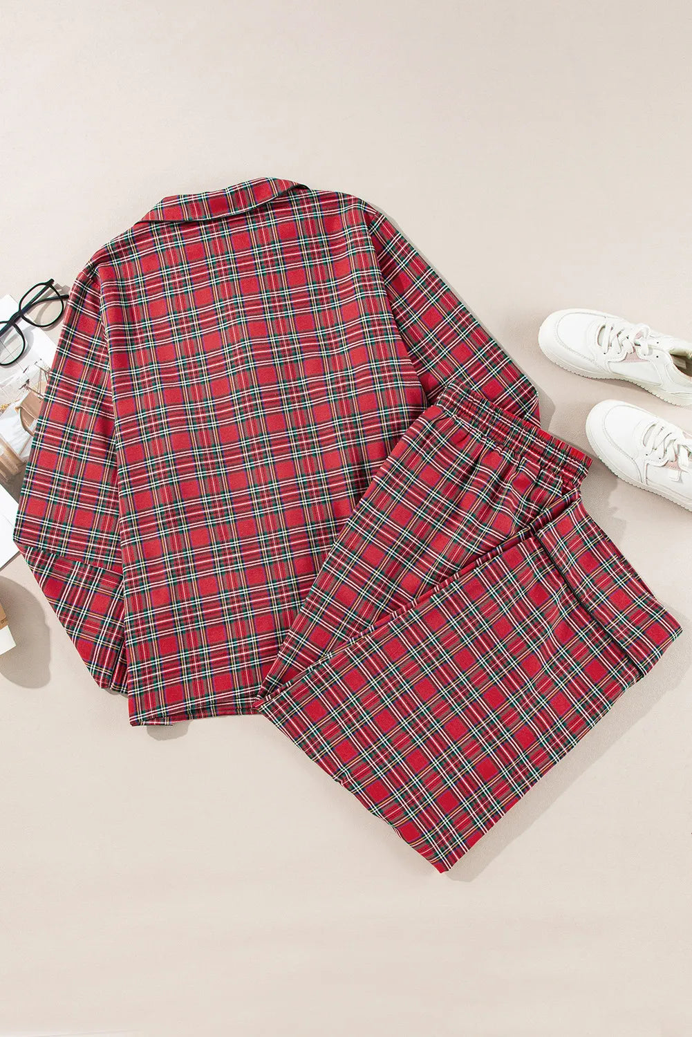 plus size plaid collared neck top and pants lounge set