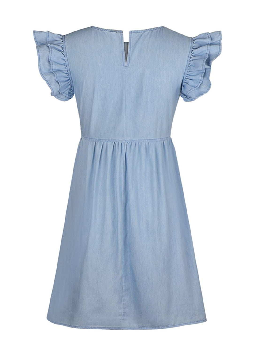 full size ruffled round neck cap sleeve denim dress
