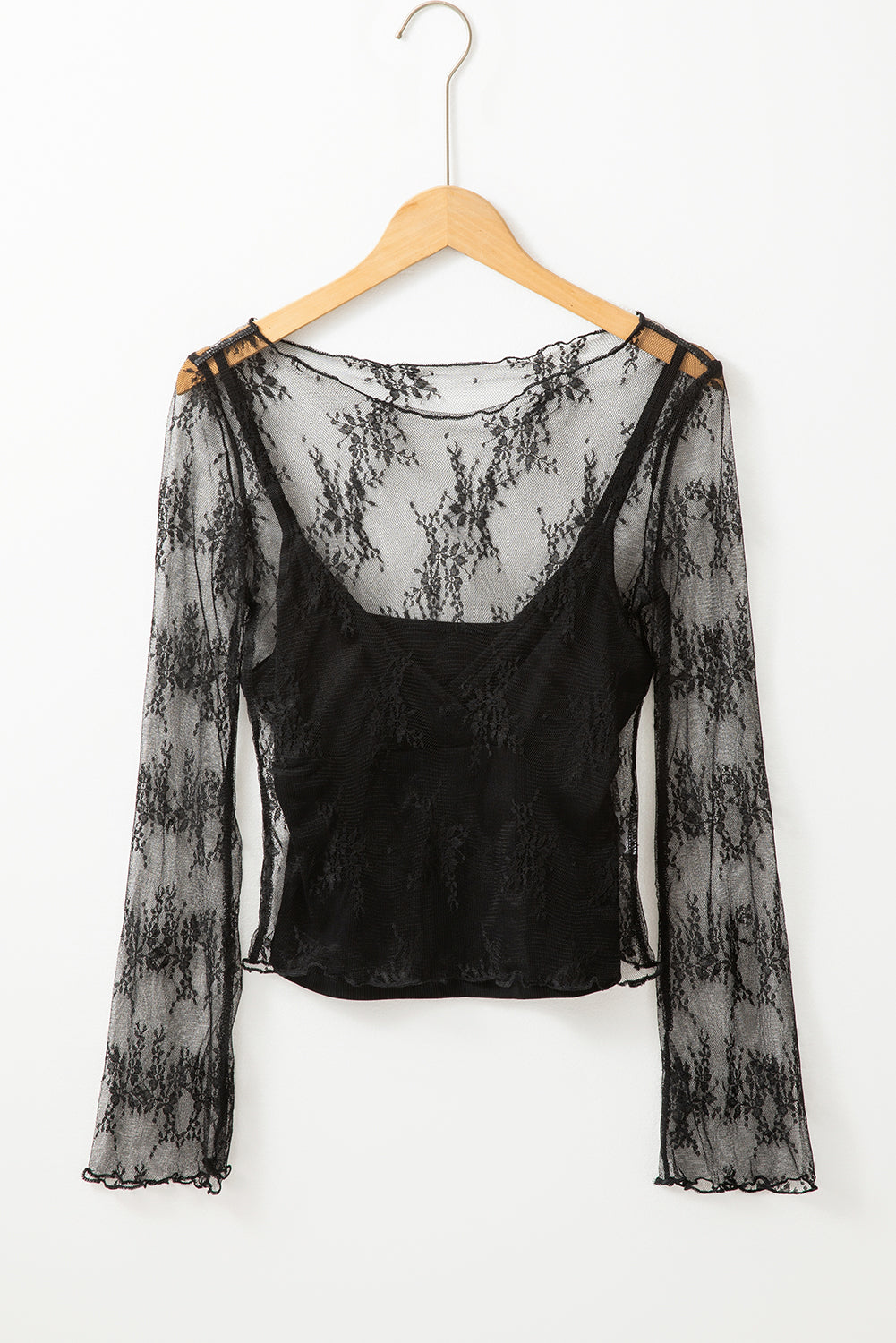 black lace mesh crochet splicing slim fit long sleeve blouse