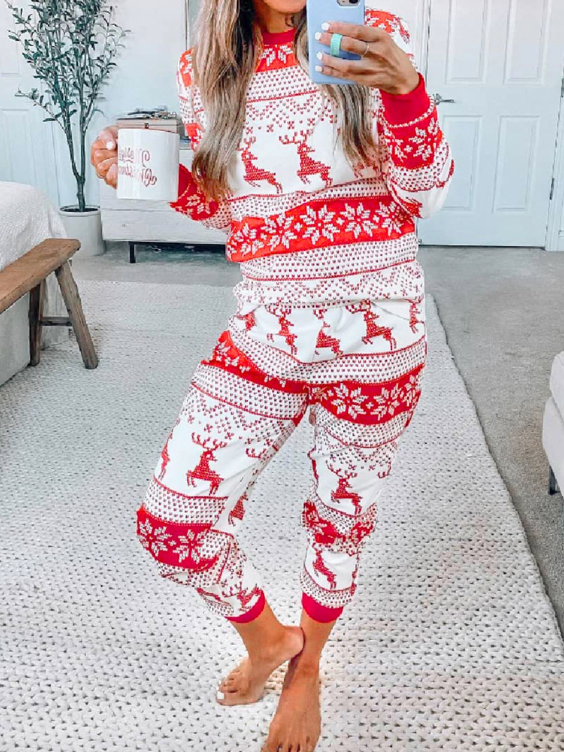 full size christmas element round neck top and pants set