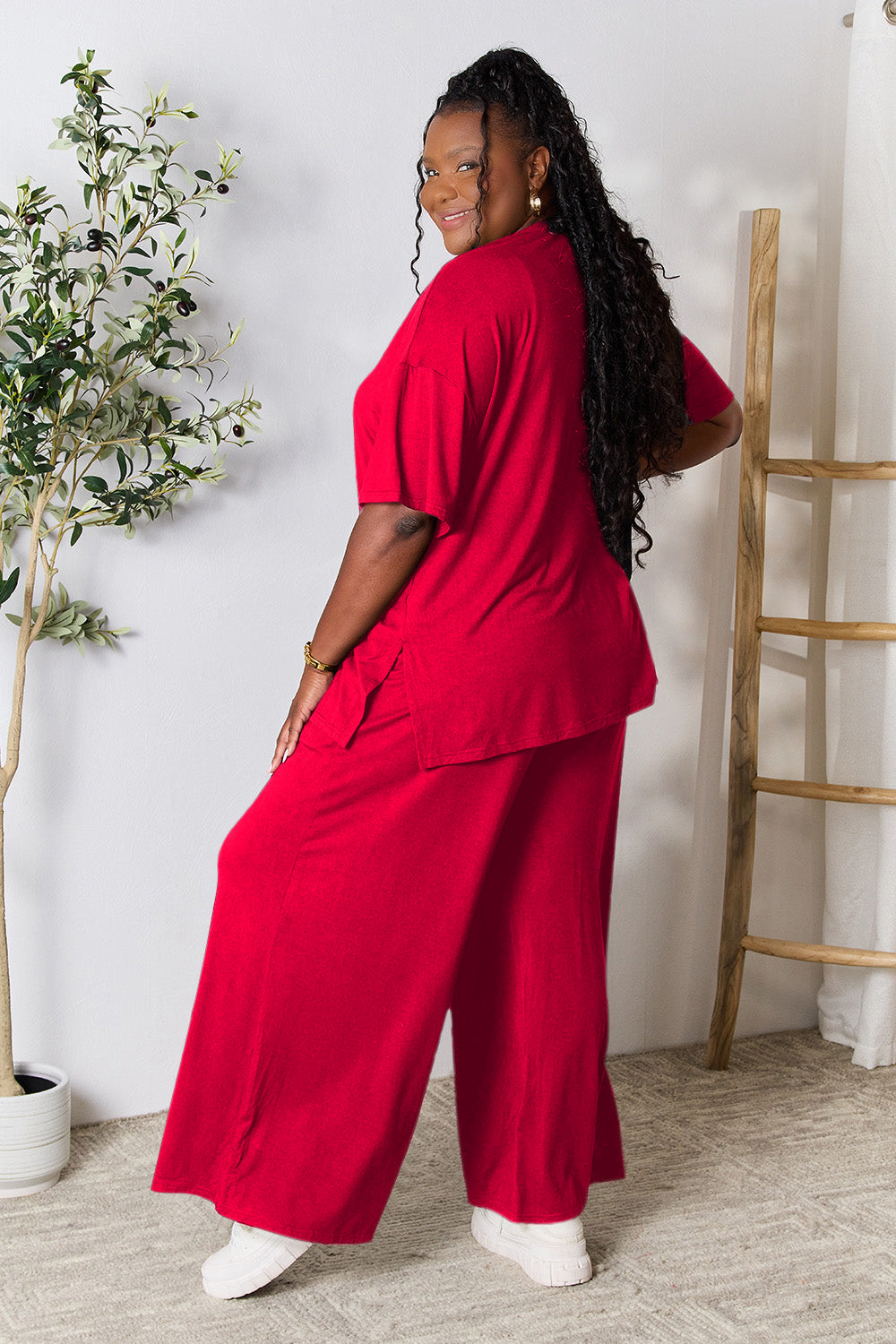 double take full size round neck slit top and pants set