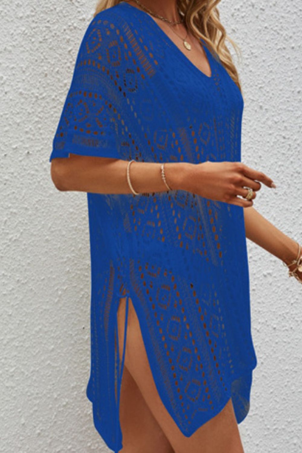 openwork v-neck short sleeve cover up