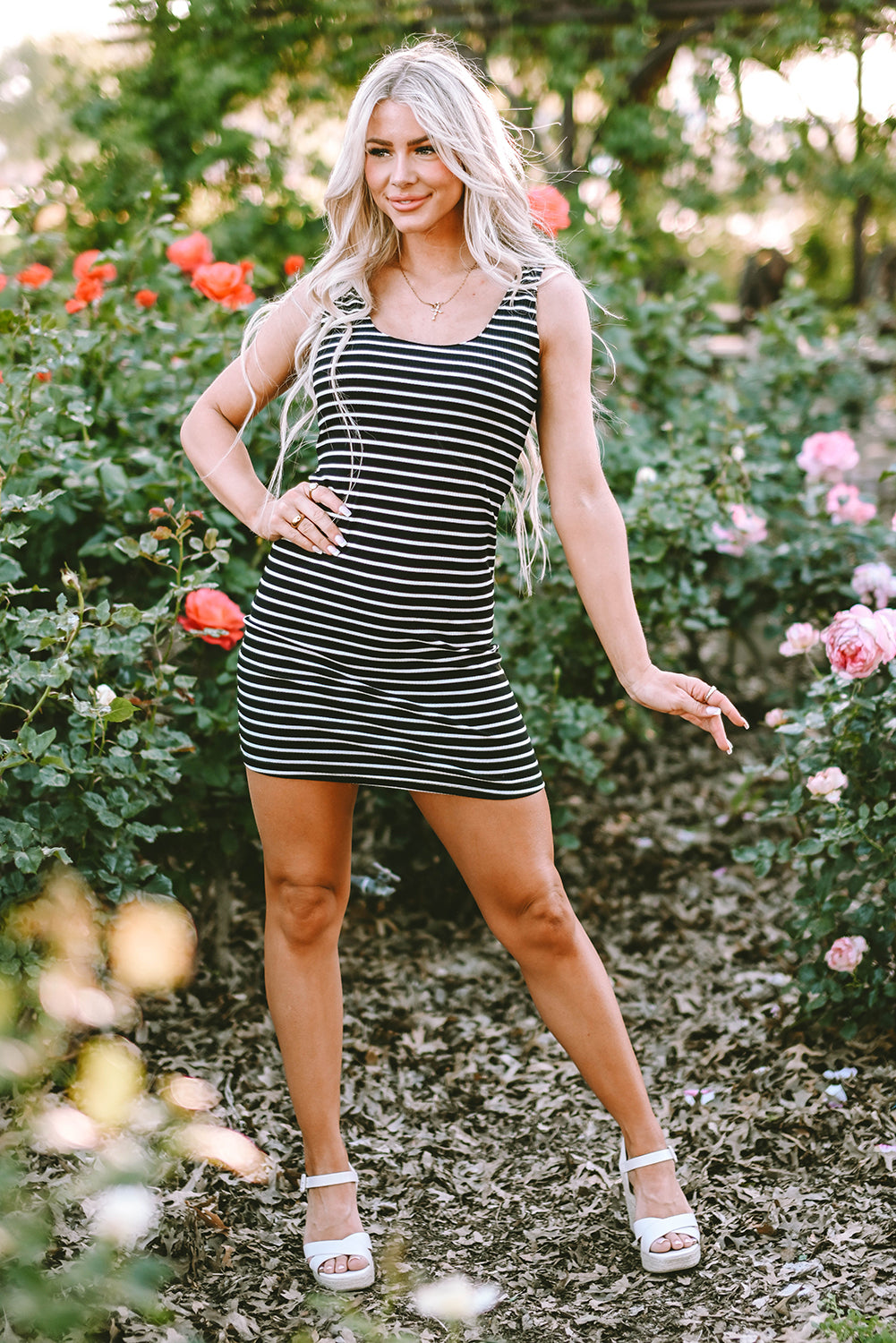 black stripe ribbed knit sleeveless mini dress