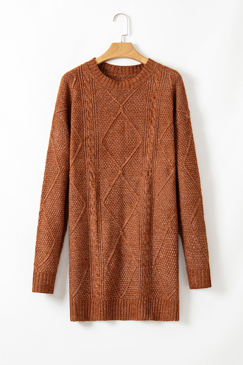 coffee cable knit drop shoulder loose fit sweater dress