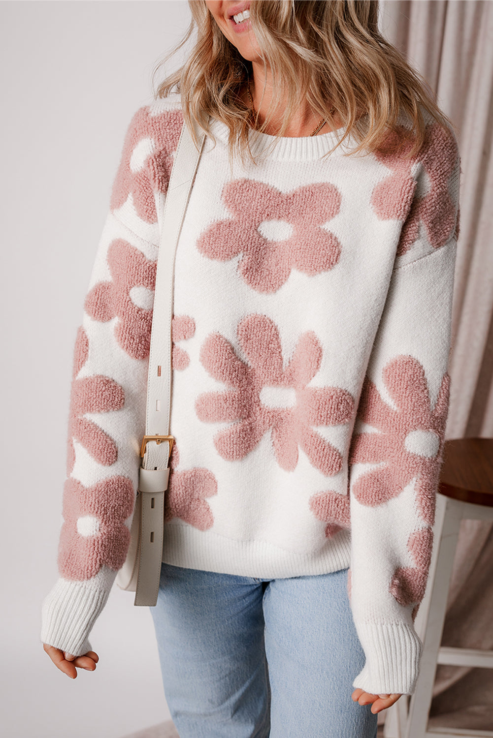 white textured flower drop shoulder loose sweater