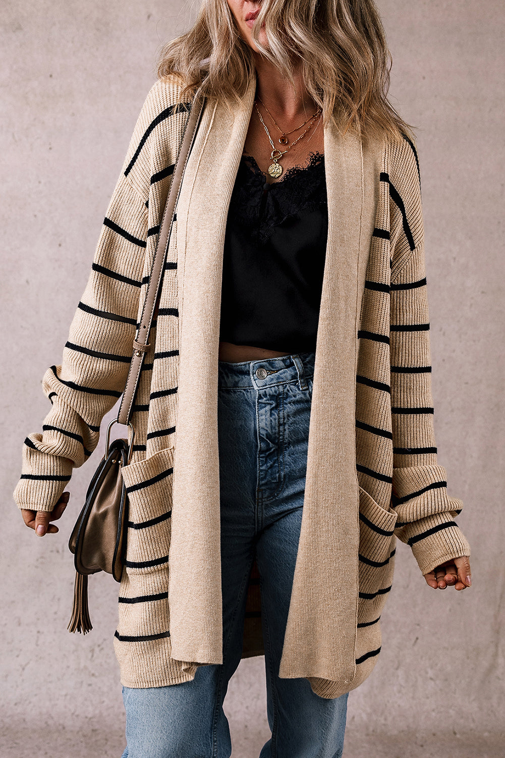black stripe shawl neckline open cardigan with pockets