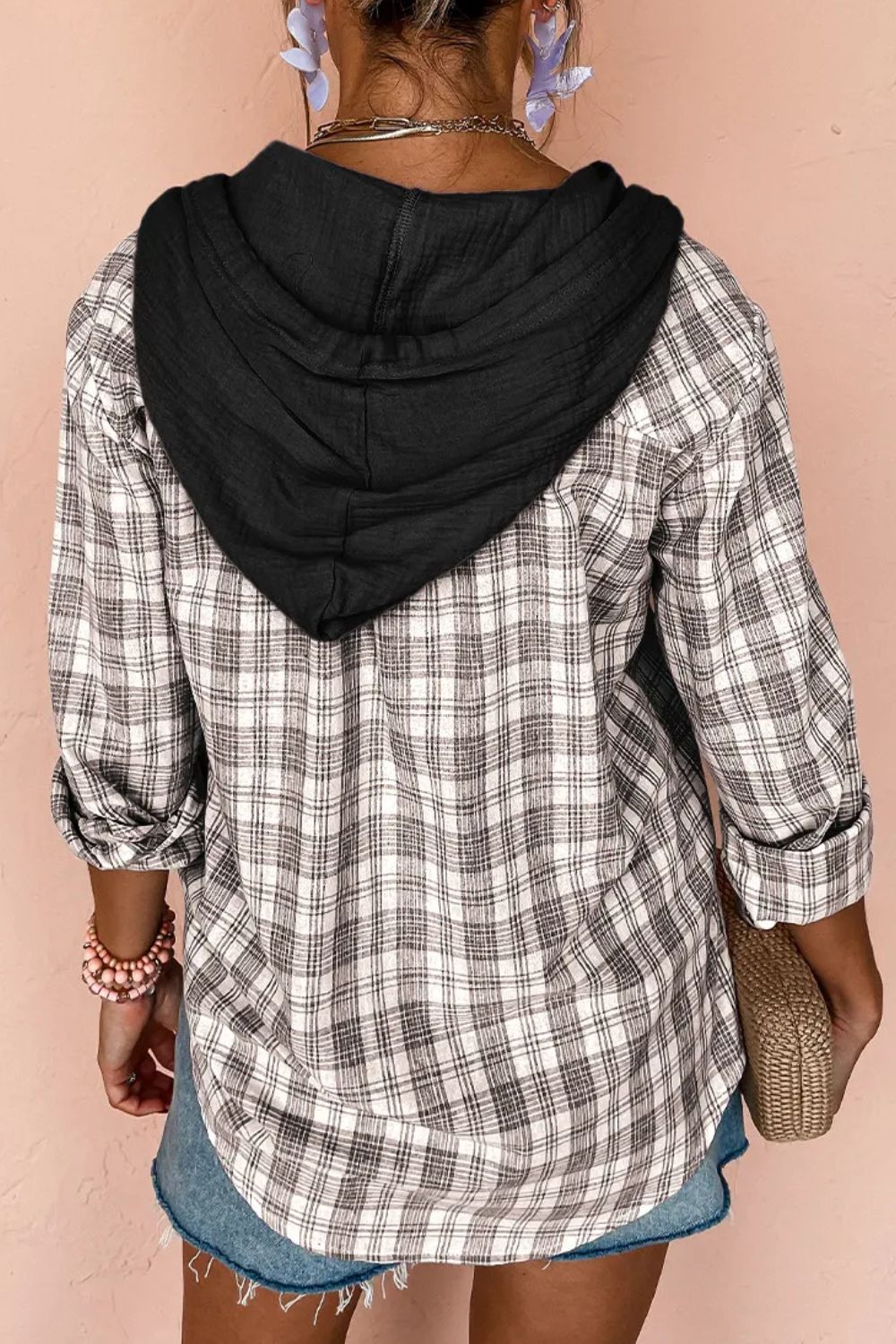 drawstring button up hooded jacket