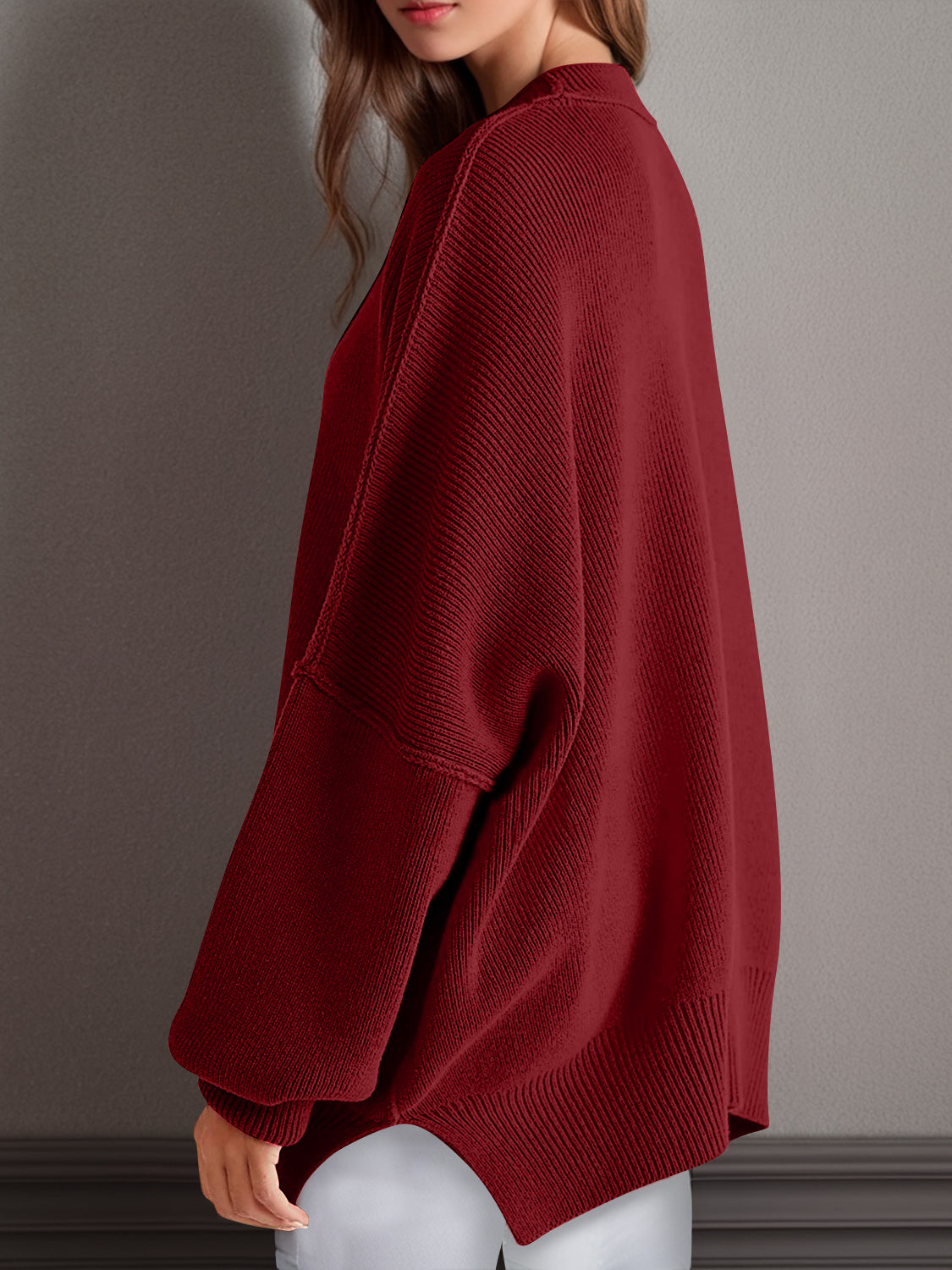 double take side slit round neck long sleeve sweater