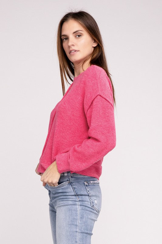 brushed melange hacci hi-low hem sweater