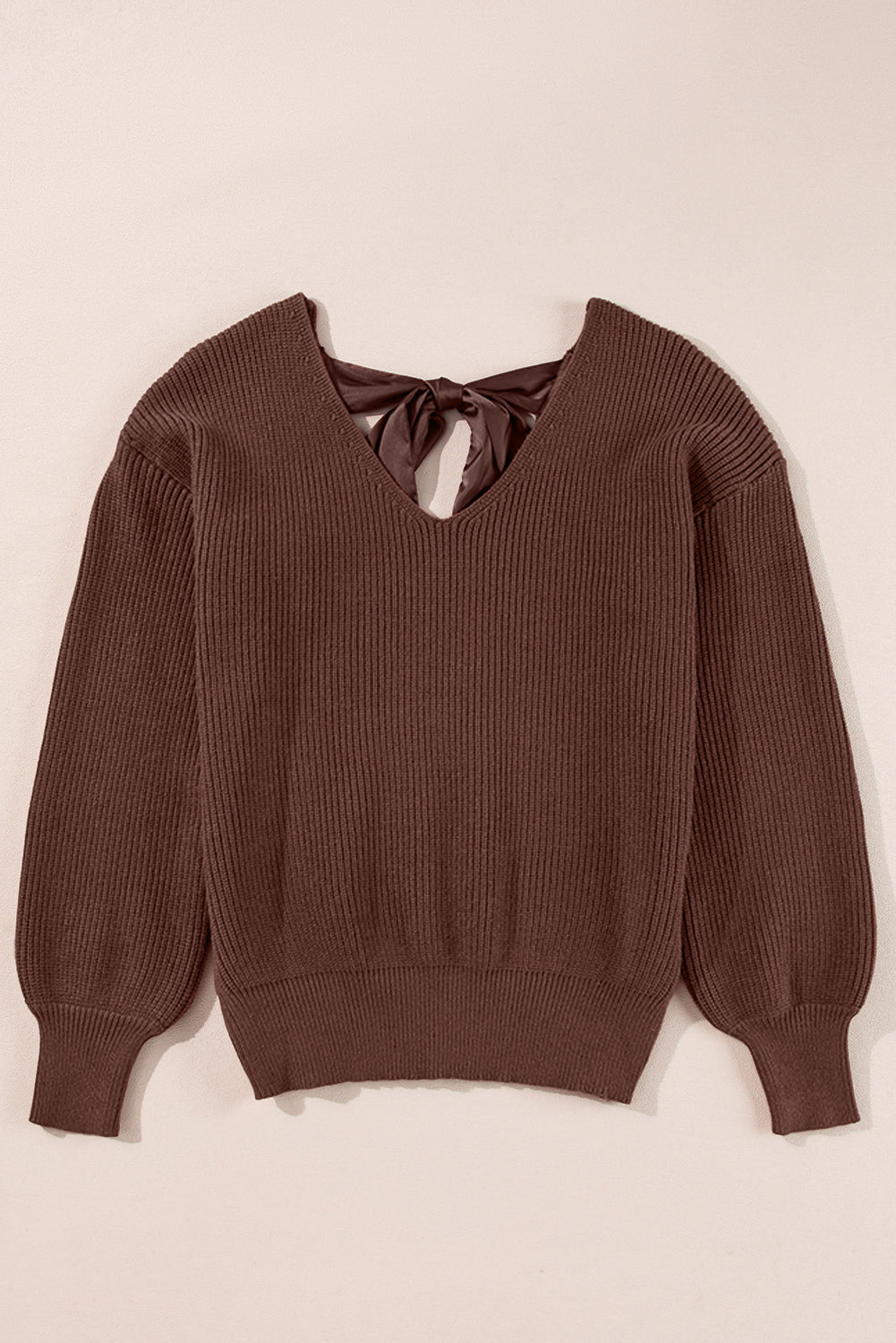 coffee lantern sleeve v neck knot back sweater