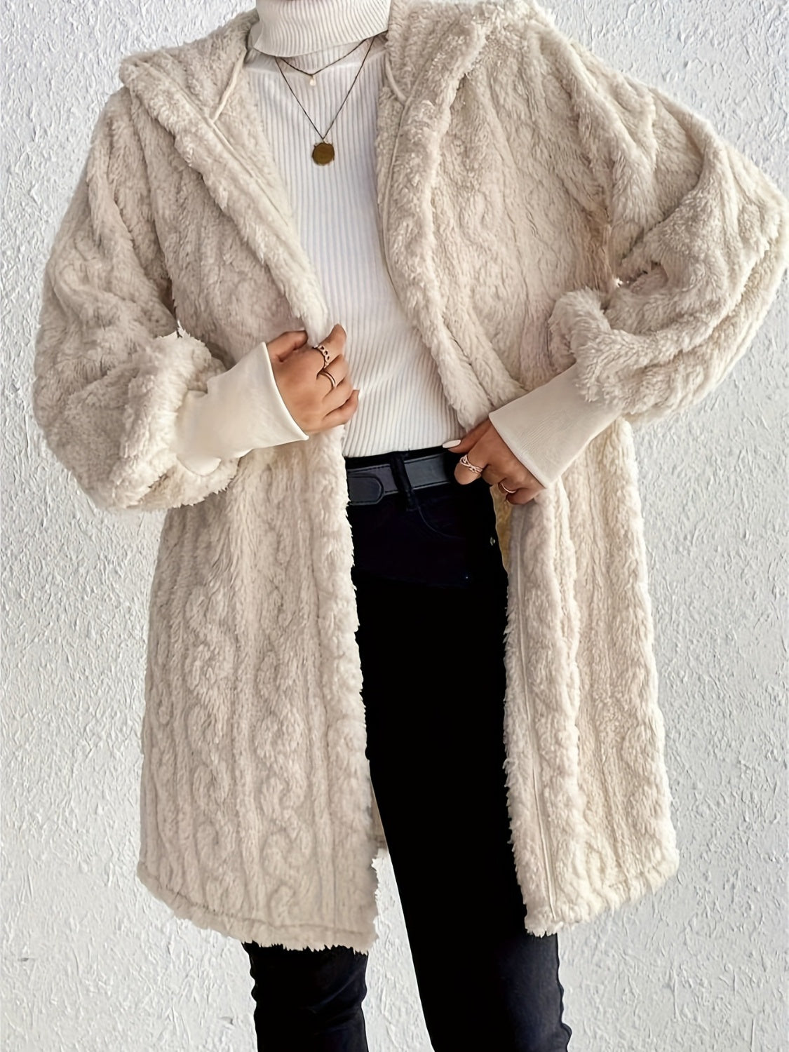 open front long sleeve fuzzy hooded jacket