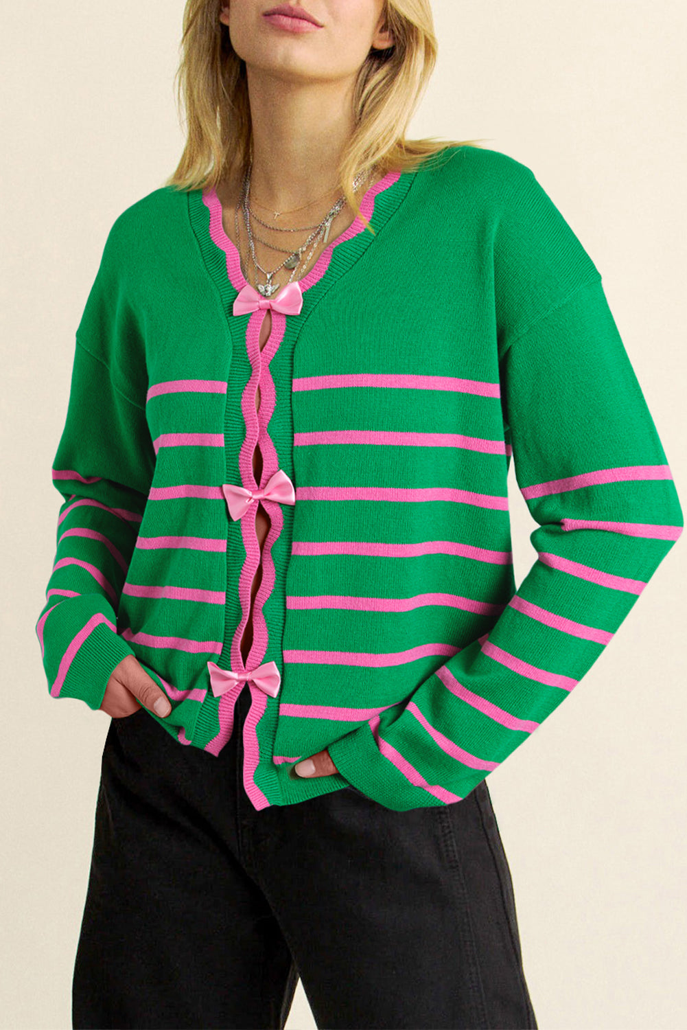 green stripe ribbon cute bow detail sweater knit cardigan