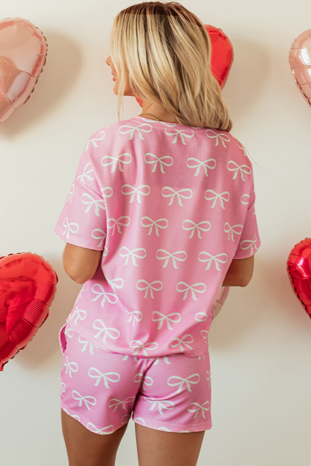 pink waffle knit bowknot printed v neck t shirt and shorts set
